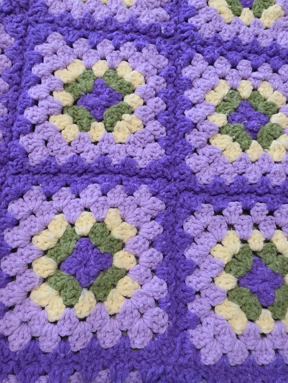 Handmade Purple Granny Square Crochet Blanket with Yellow & Green Accents 49x86 - Picture 2 of 6
